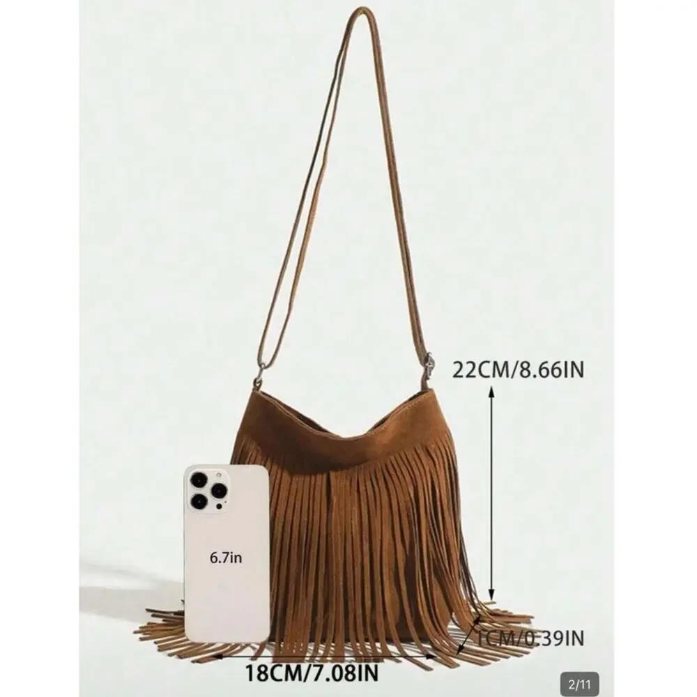 Boho Fringe Small Crossbody Bag Cognac Brown Concert Festival Western Purse NWT - Picture 9 of 10